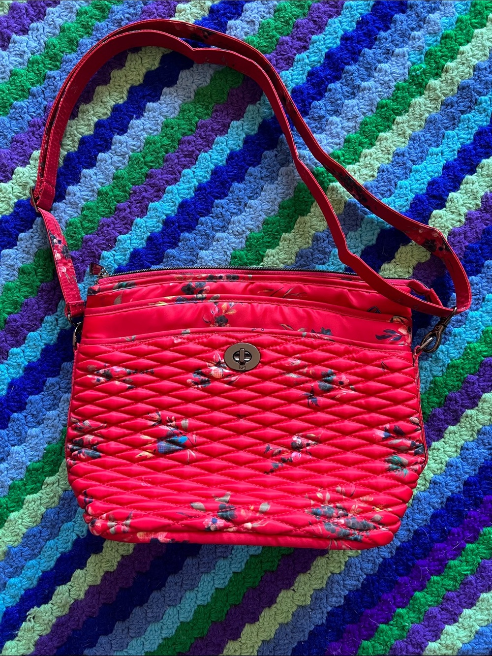 Lug Quilted Floral Crossbody Bag in Red